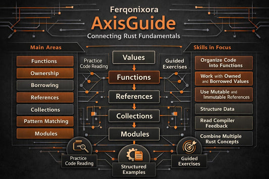 An infographic-style cover graphic for 'Fergonixora AxisGuide: Connecting Rust Fundamentals' on a dark textured background. The design features orange and white typography with a network diagram of Rust concepts including Functions, References, Collections, Pattern Matching, Modules, Values, and Skills Focus areas.