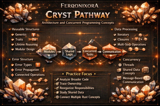 A dark-themed educational graphic titled 'CRYST PATHWAY' by FERQONIXORA, presenting architecture and concurrent programming concepts for Rust in a stylized crystal-themed layout.