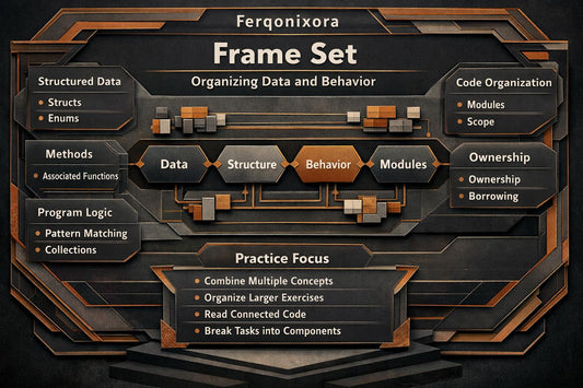 A digital graphic titled 'Ferqonixora Frame Set' presenting a structured educational or coding curriculum. The design uses a dark metallic theme with bronze and copper accents, featuring boxes for 'Structured Data', 'Methods', 'Program Logic', 'Practice Focus', 'Code Organization', and 'Ownership', connected by lines representing 'Data', 'Structure', 'Behavior', and 'Modules'.