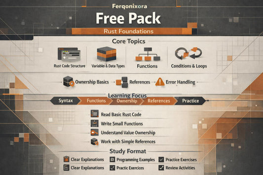 A digital cover graphic for a 'Fergonqixora Rust Foundations Free Pack' educational guide, outlining core topics like Rust code structure, variables, functions, and conditions, with a dark gray and orange color scheme.