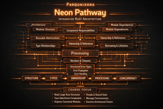 A dark digital infographic titled 'Feronixoraxa Neon Pathway Integrated Rust Architecture' with glowing orange and gold text and circuit-like lines connecting labeled modules such as architecture, processing, ownership & references, concurrency, structure, types, and error handling on a black background.