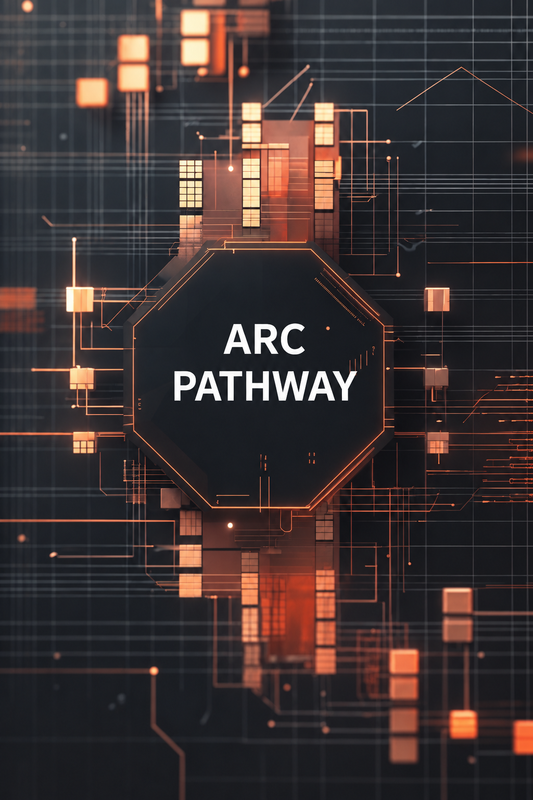A digital graphic with the text 'ARC PATHWAY' in white inside a dark hexagonal badge, surrounded by glowing orange circuit lines and geometric tech-style elements on a dark background.