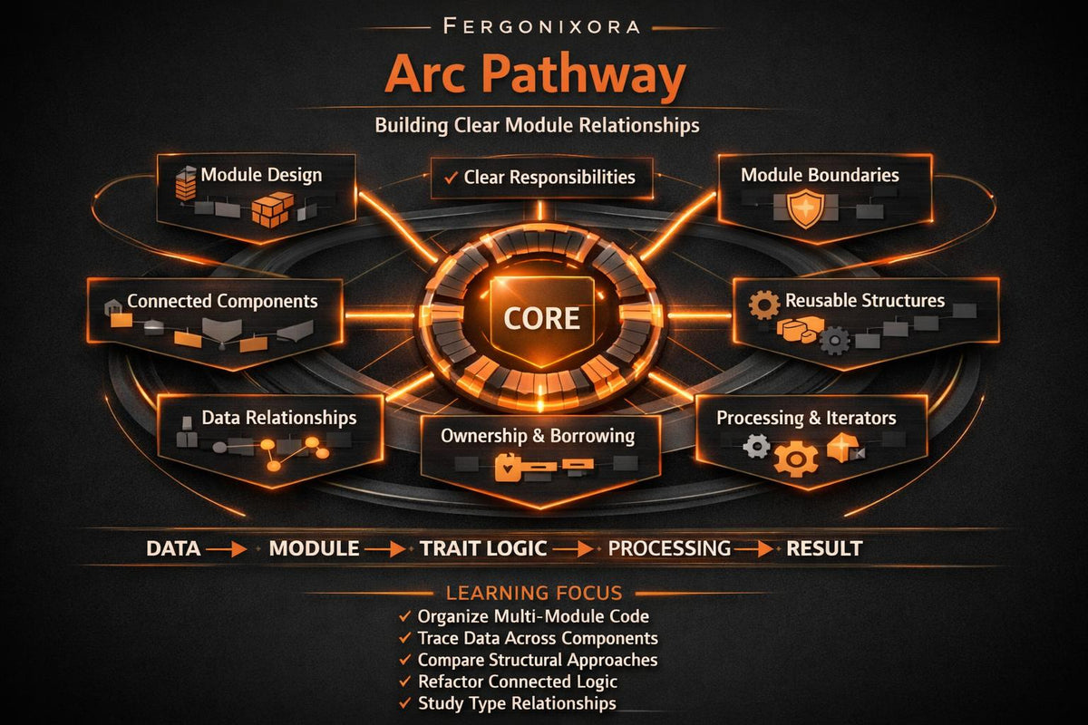 A dark promotional infographic titled 'Feronixora Arc Pathway' with orange and white text and a central circular diagram labeled 'CORE' surrounded by module-related terms such as Module Design, Connected Components, Data Relationships, Ownership & Borrowing, Processing & Iterators, and Module Boundaries.