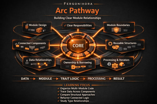 A dark promotional infographic titled 'Feronixora Arc Pathway' with orange and white text and a central circular diagram labeled 'CORE' surrounded by module-related terms such as Module Design, Connected Components, Data Relationships, Ownership & Borrowing, Processing & Iterators, and Module Boundaries.