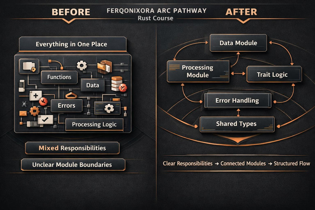 A dark promotional graphic comparing a before-and-after approach to the Ferqonixora Arc Pathway Rust course. The left 'Before' panel shows a cluttered, tangled module diagram with icons for functions, data, and errors.