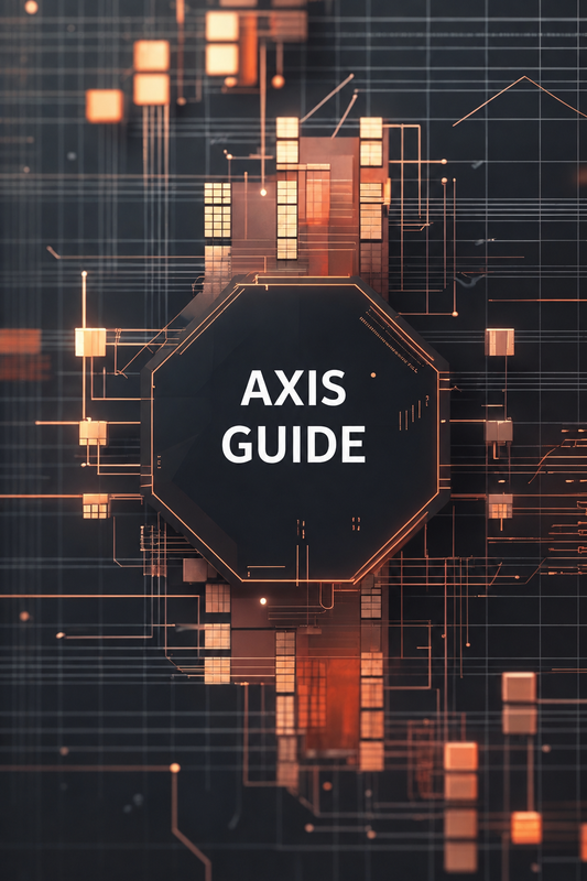 A digital cover or graphic titled 'AXIS GUIDE' in white sans-serif text inside a dark central hexagon, surrounded by glowing orange circuit-like lines and geometric blocks on a dark navy background.