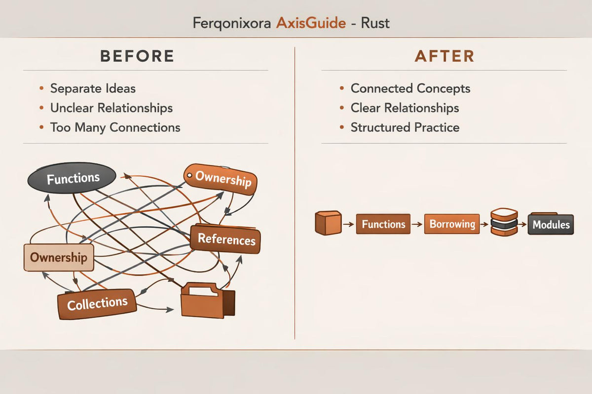An educational comparison graphic titled 'Ferqonixora AxisGuide - Rust' showing a 'Before' and 'After' database design comparison using Rust's ownership and collections concepts, with diagrams and bullet points on a beige background.