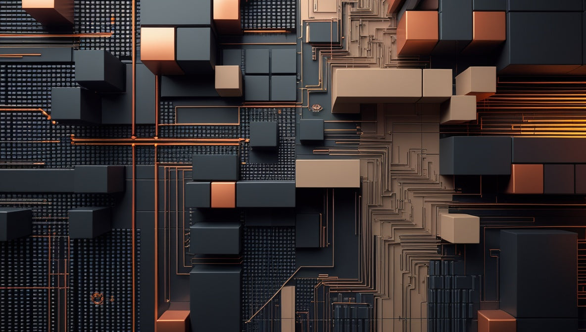 Abstract 3D geometric artwork with layered rectangular blocks in dark charcoal, black, warm beige, and metallic copper tones, connected by glowing circuit-like lines.