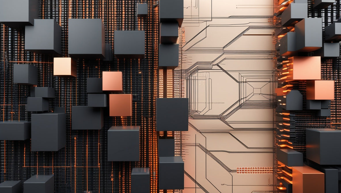 Abstract 3D digital artwork featuring dark gray and black geometric cube blocks with glowing orange accents on the left, and a metallic beige and gray technical circuit board design on the right.