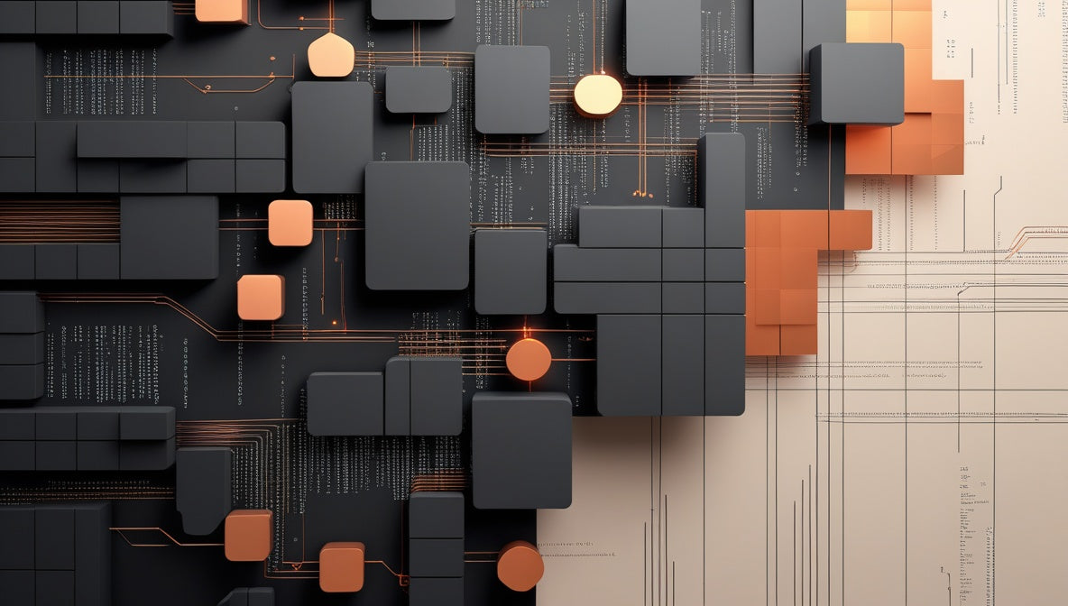 Abstract 3D geometric wall art featuring dark charcoal gray rectangular blocks and copper-orange circular and square accents on a light beige technical blueprint-style background.