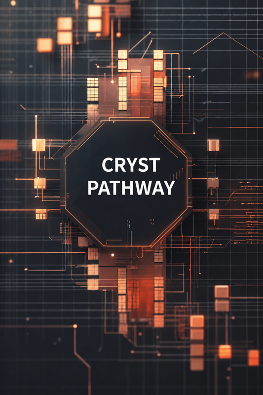 A digital graphic featuring a dark central hexagon with the text 'CRYST PATHWAY' in white, surrounded by glowing orange circuit-like lines and geometric nodes on a dark background.