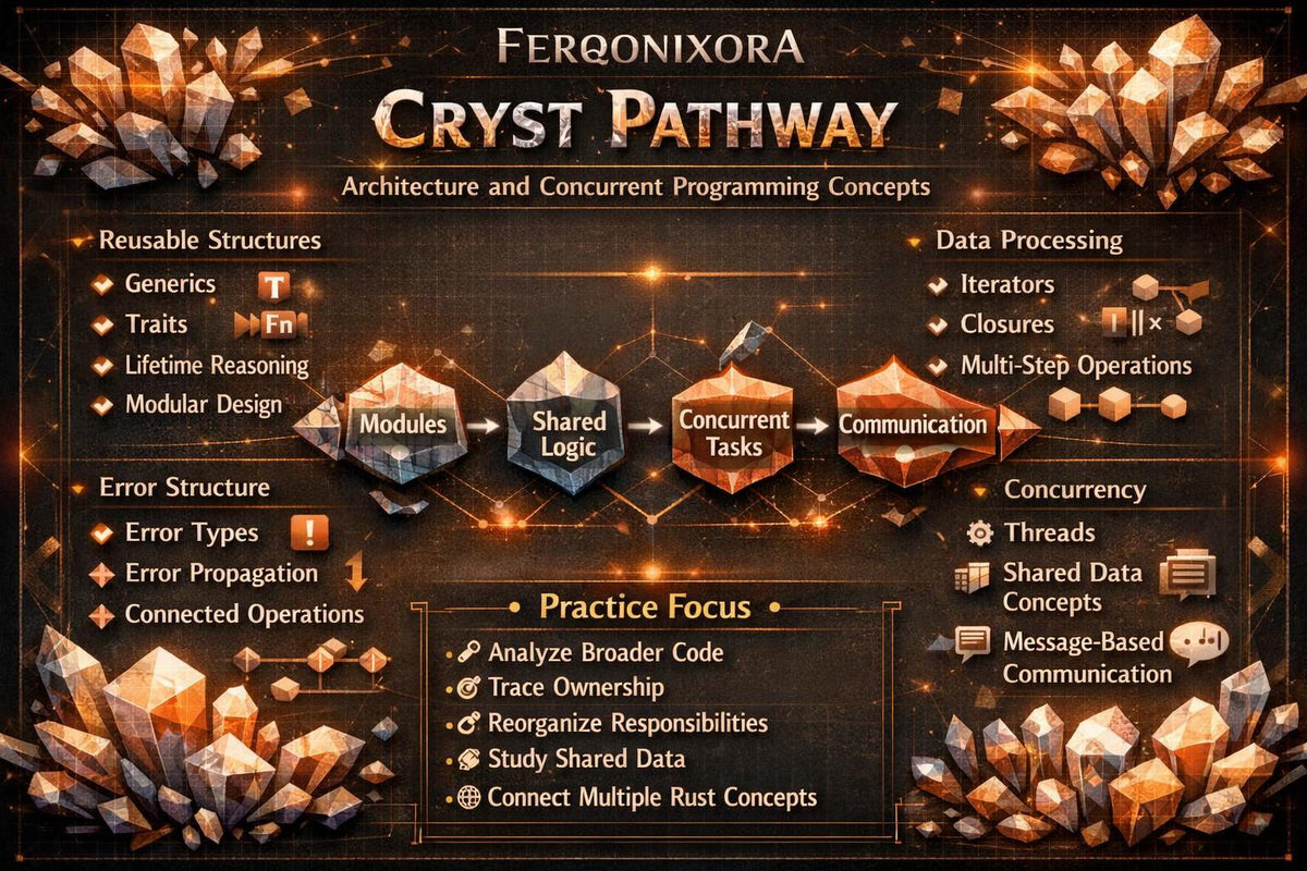 A dark-themed educational graphic titled 'CRYST PATHWAY' by FERQONIXORA, presenting architecture and concurrent programming concepts for Rust in a stylized crystal-themed layout.