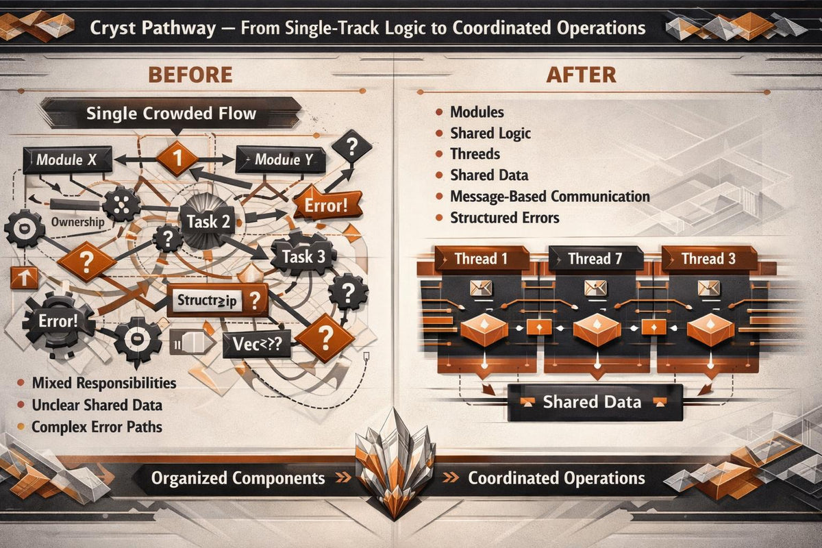 An infographic titled 'Cryst Pathway — From Single-Track Logic to Coordinated Operations' compares a messy 'Before' single-track flow with an organized 'After' multi-threaded architecture. The design uses a dark brown and beige color palette with geometric 3D elements and technical diagrams.