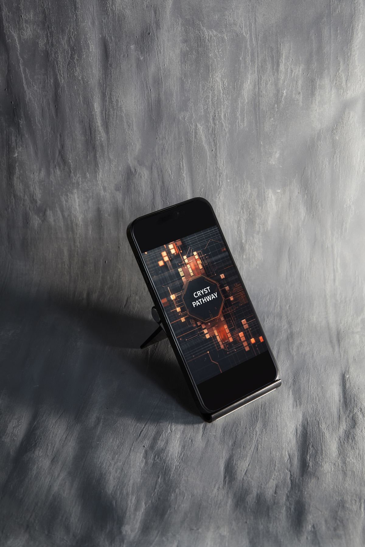 A black smartphone displayed upright on a small stand against a textured gray wall. The phone screen shows a futuristic orange and dark interface with the text 'HALO LIBRARY'.