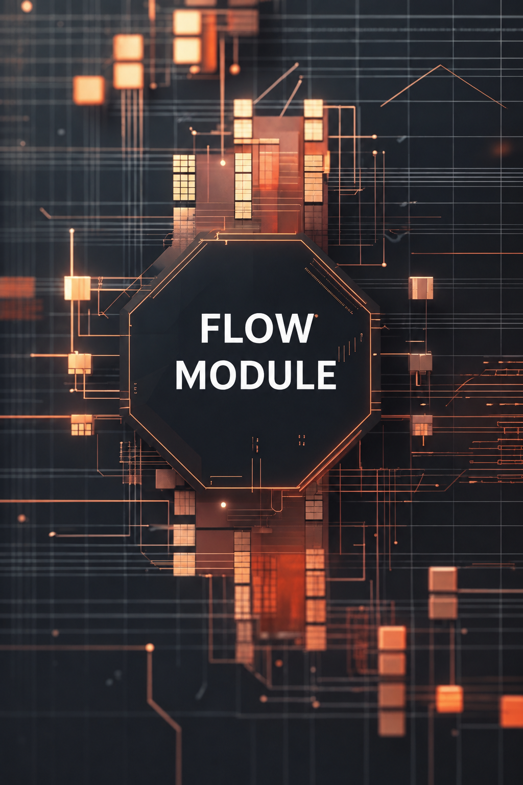 A digital graphic featuring a dark central hexagon with the text 'FLOW MODULE' in white, surrounded by glowing orange circuit-like lines and blocks on a dark background.