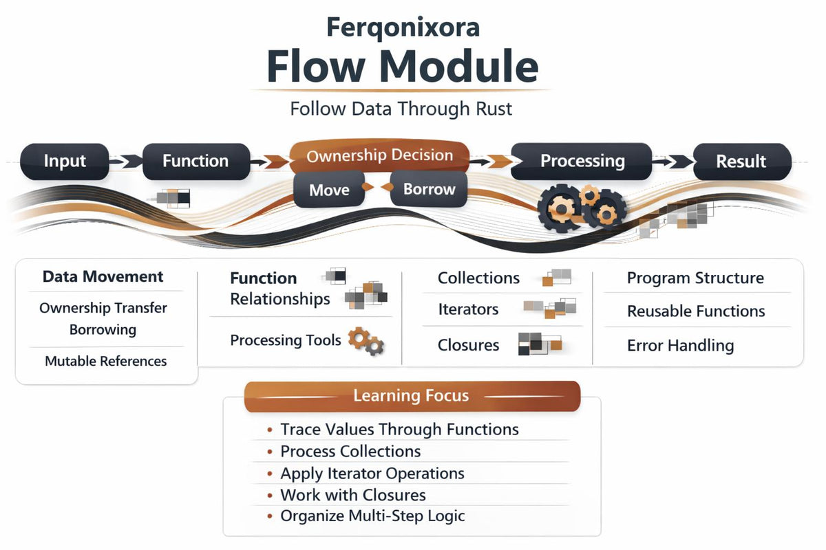 An infographic titled 'Ferqonixora Flow Module' with a stylized flowchart showing process steps from Input to Result, including boxes for Function, Ownership Decision, Processing, and Learning Focus, plus icons and small code-like graphics on a white background.