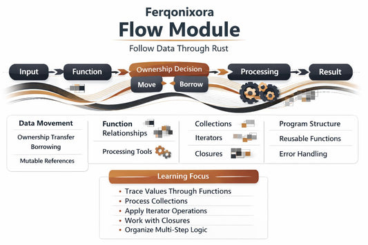 An infographic titled 'Ferqonixora Flow Module' with a stylized flowchart showing process steps from Input to Result, including boxes for Function, Ownership Decision, Processing, and Learning Focus, plus icons and small code-like graphics on a white background.