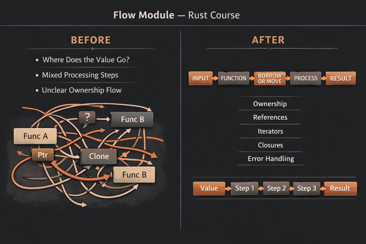 An educational flow module graphic titled 'Flow Module — Rust Course' on a dark background, showing a 'Before' section with tangled orange arrows and labels around Func A, Ptr, Clone, and Func B, and an 'After' section with a linear process flow from Input to Result and a list of concepts like Ownership, References, Iterators, and Error Handling.