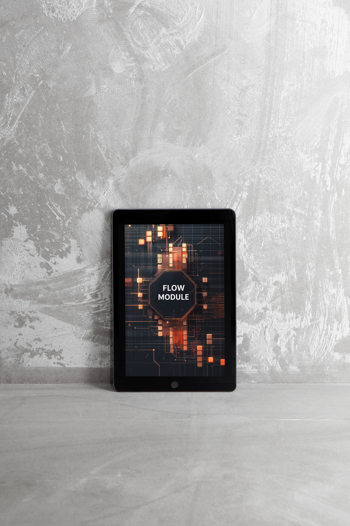 A black tablet device standing upright on a light gray surface against a textured gray wall, displaying a digital cover titled 'CRIST PATHWAY' with glowing orange geometric graphics.
