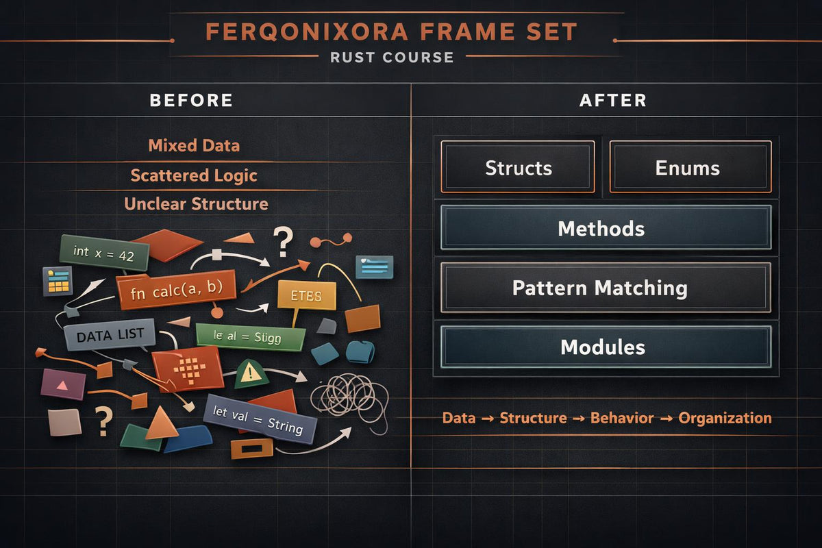 A digital course preview graphic titled 'FERQONIXORA FRAME SET RUST COURSE' on a dark grid background, showing a 'BEFORE' section with a colorful abstract diagram and an 'AFTER' section with buttons for 'Structs', 'Enums', 'Methods', and 'Modules'.
