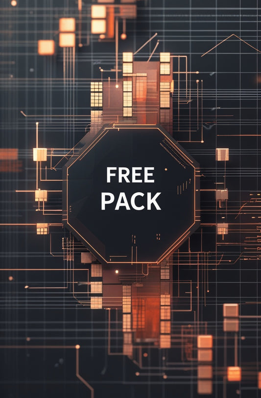 A digital promotional graphic with a dark central hexagon containing the words “FREE PACK” in white, surrounded by glowing orange and gold circuit-like lines on a dark background.