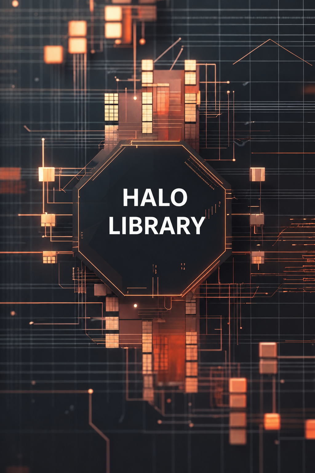 A digital cover-style graphic with the words 'HALO LIBRARY' centered inside a dark hexagonal badge, surrounded by glowing orange circuit-like lines and blocks on a dark background.