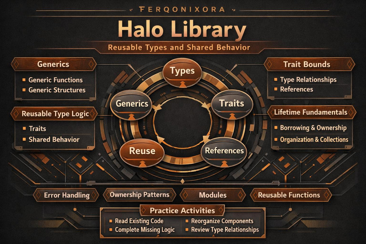 A digital infographic titled 'Halo Library' from Feronqixora, displaying a circular diagram of game development concepts like Types, Traits, Reuse, References, Generics, and Practice Activities on a dark bronze background.