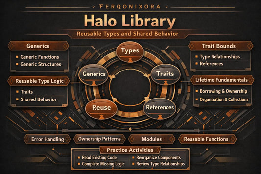 A digital infographic titled 'Halo Library' from Feronqixora, displaying a circular diagram of game development concepts like Types, Traits, Reuse, References, Generics, and Practice Activities on a dark bronze background.