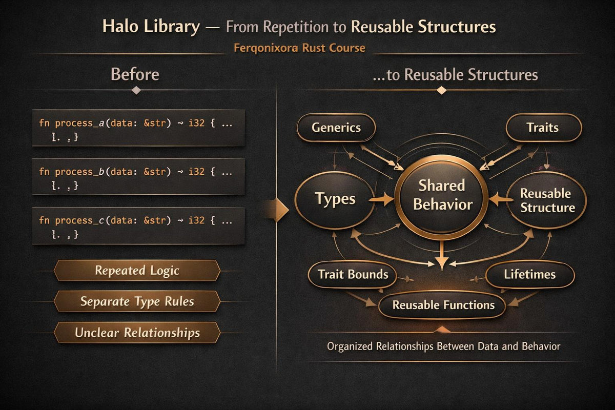 A dark promotional graphic for the Halo Library course, showing a before-and-after comparison of Rust programming concepts. The left 'Before' column displays repetitive code snippets with comments like 'Repeated Logic' and 'Separate Type Rules'.