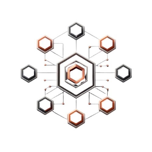 A digital graphic of a futuristic hexagonal network or schematic, featuring a central metallic hexagon with a glowing orange interior, surrounded by eight smaller hexagons in various gray, black, and orange metallic states, all connected by thin lines on a solid white background.