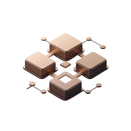 A 3D isometric rendering of a metallic electronic circuit board or microchip component, featuring copper-colored square pads, traces, and small connector pads on a plain white background.