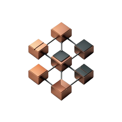 A 3D isometric graphic of a modular network or blockchain structure, composed of metallic copper-colored and dark gray cube nodes connected by thin gray lines, set against a solid white background.
