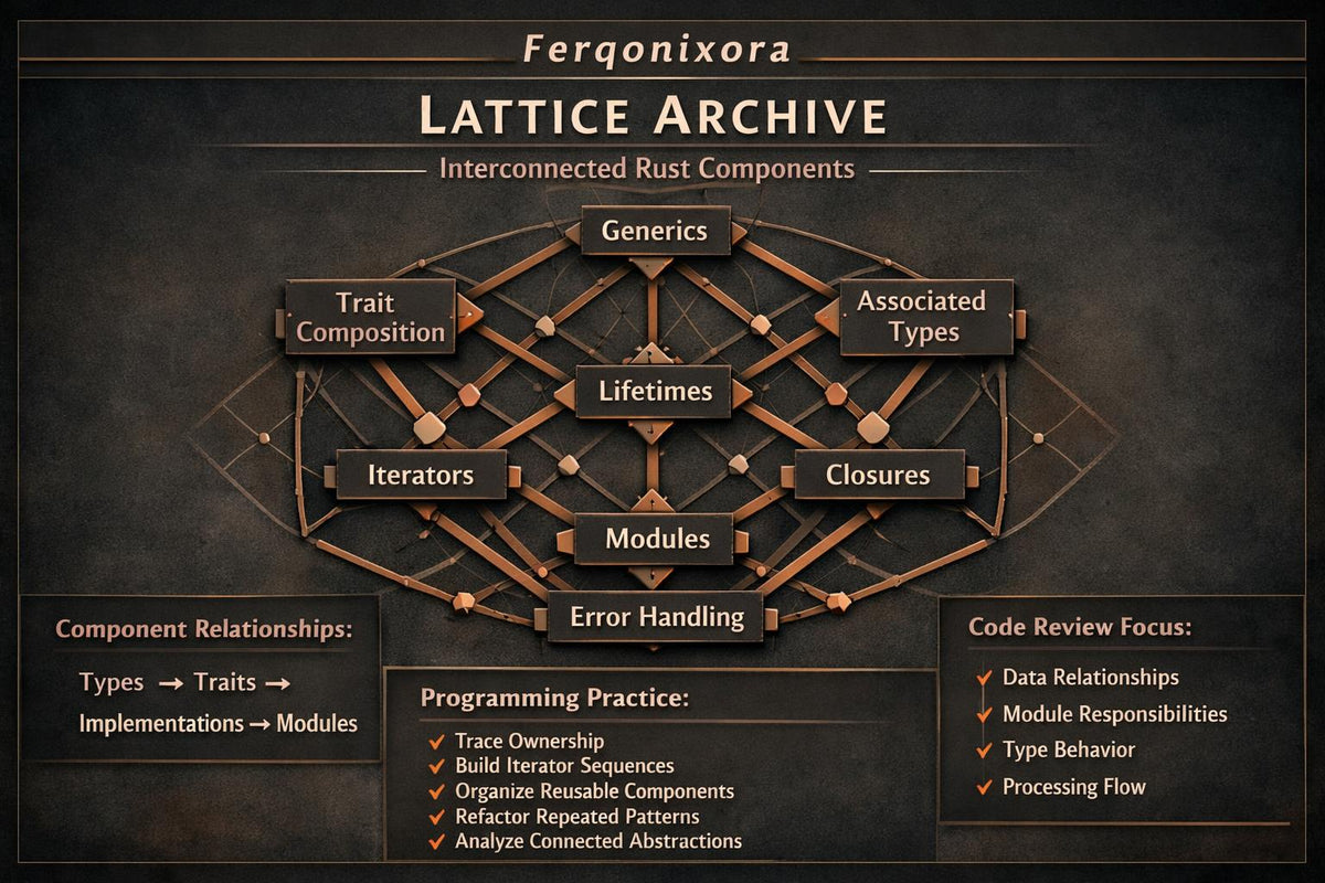 A dark brown and black digital graphic titled 'Ferqonixora Lattice Archive Interconnected Rust Components' showing a web-like diagram of Rust component concepts such as Generics, Lifetimes, Modules, Closures, and Error Handling, with text boxes detailing relationships and code review focus.
