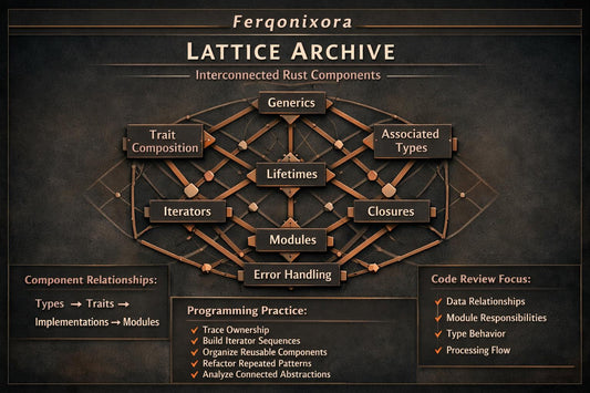 A dark brown and black digital graphic titled 'Ferqonixora Lattice Archive Interconnected Rust Components' showing a web-like diagram of Rust component concepts such as Generics, Lifetimes, Modules, Closures, and Error Handling, with text boxes detailing relationships and code review focus.