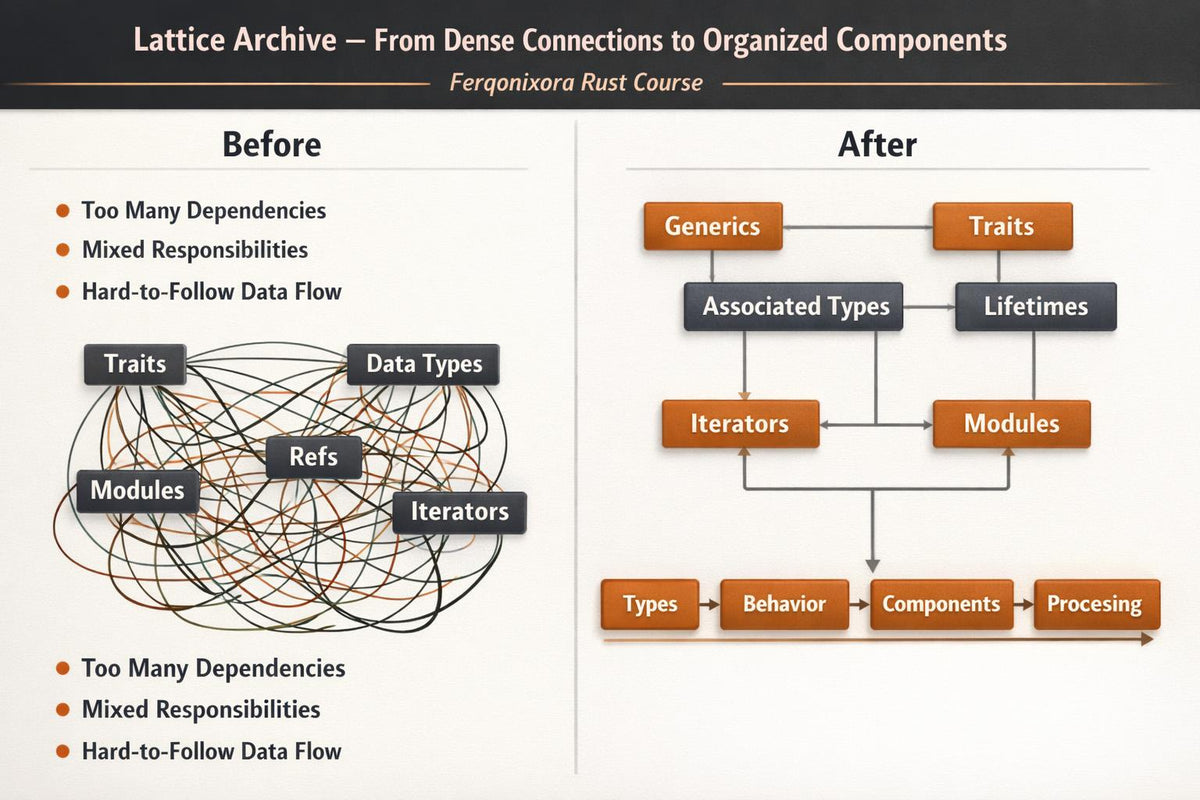 A presentation-style comparison graphic titled 'Lattice Archive – From Dense Connections to Organized Components' for the Ferqanxara Rust Course. The left side, labeled 'Before,' shows a tangled web of connected labels such as Traits, Data Types, Modules, and Iterators with bullet points about too many dependencies and hard-to-follow data flow.