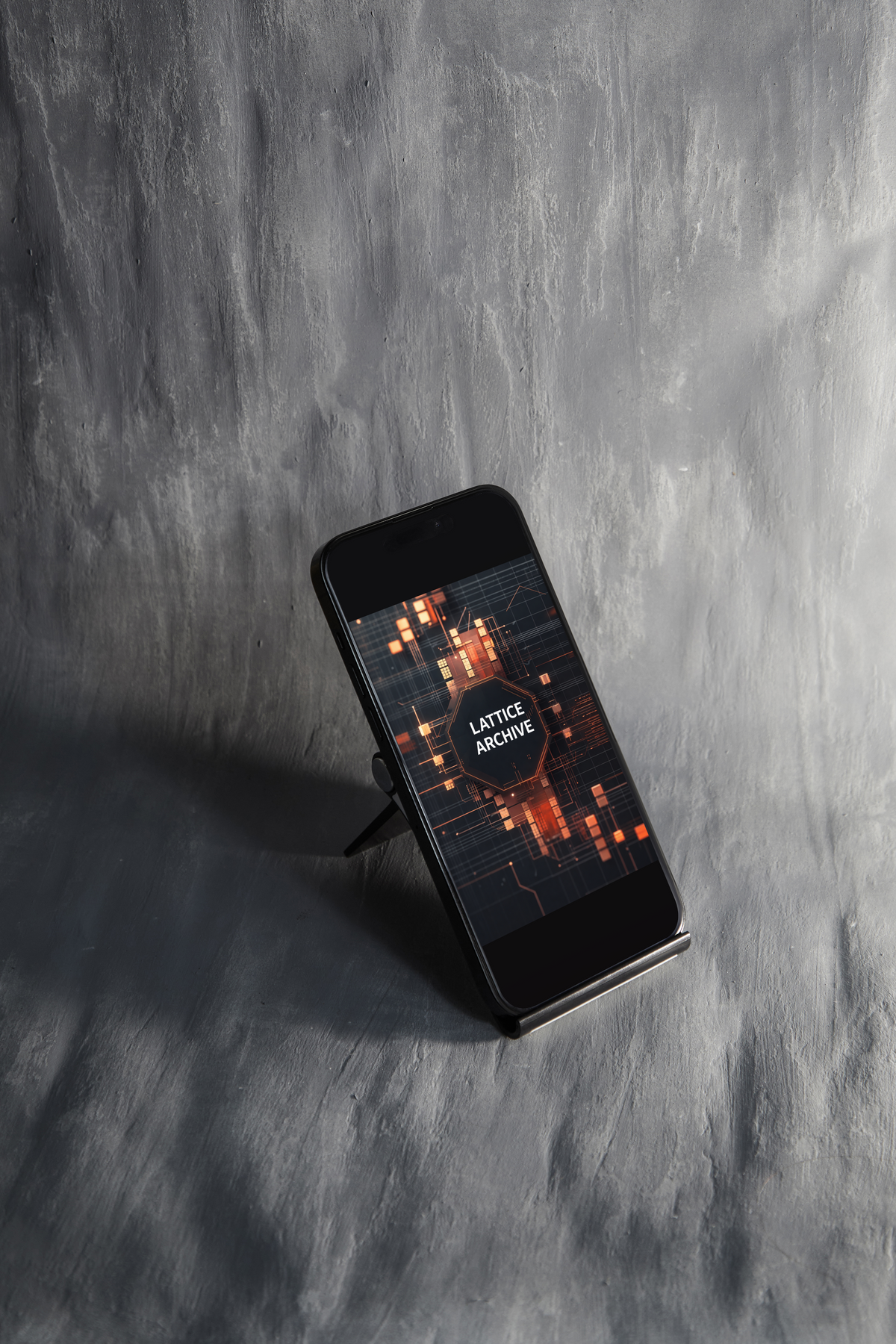 A black smartphone displayed upright on a small stand against a textured gray concrete wall. The phone screen shows a dark digital interface with orange glowing grid lines and a circular logo reading 'LATICE ARCHIVE'.