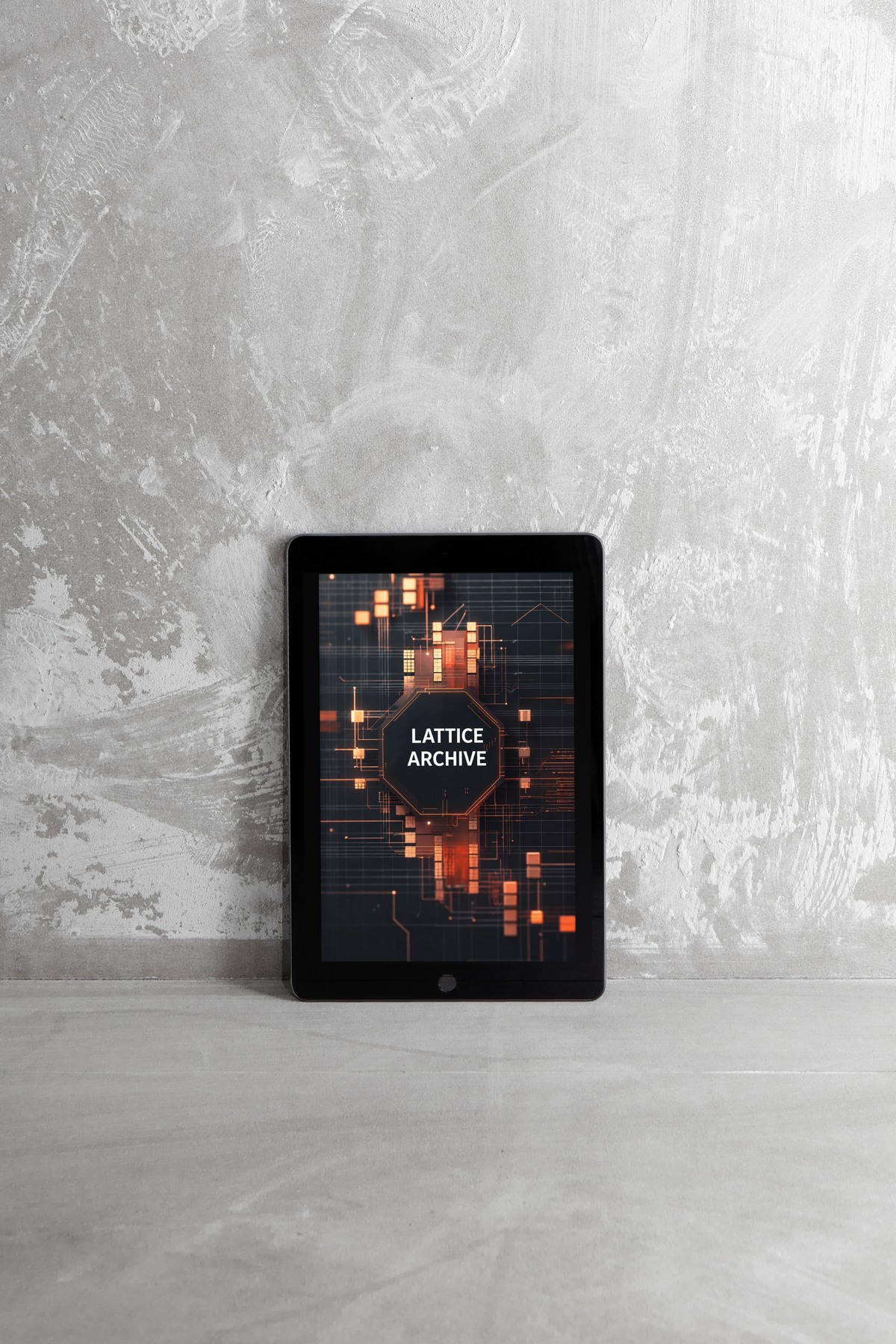 A black tablet device standing upright on a light gray surface against a textured gray wall, displaying a digital cover titled 'CRIST PATHWAY' with glowing orange geometric graphics.