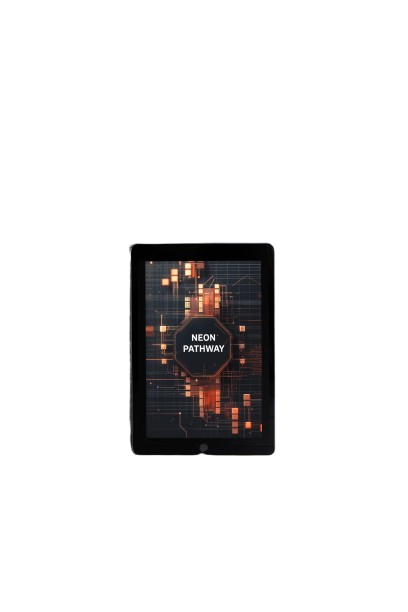 A black tablet device centered on a plain white background, displaying a digital cover titled 'NEON PATHWAY' with glowing orange and dark blue graphic elements.