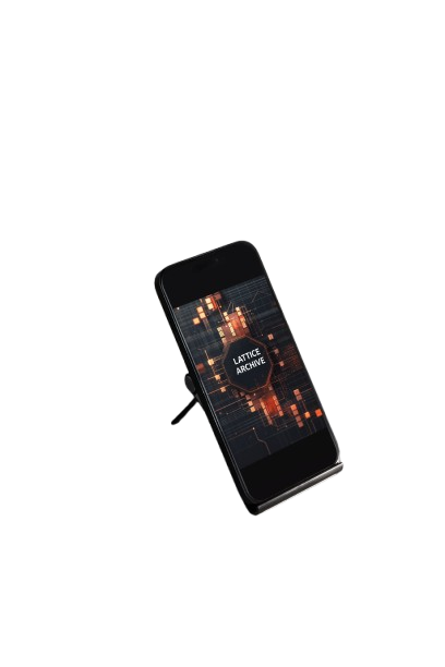A black smartphone shown upright on a small stand against a plain white background. The screen displays a dark abstract graphic with orange glowing dots and the words 'LATEX REVIVE'.