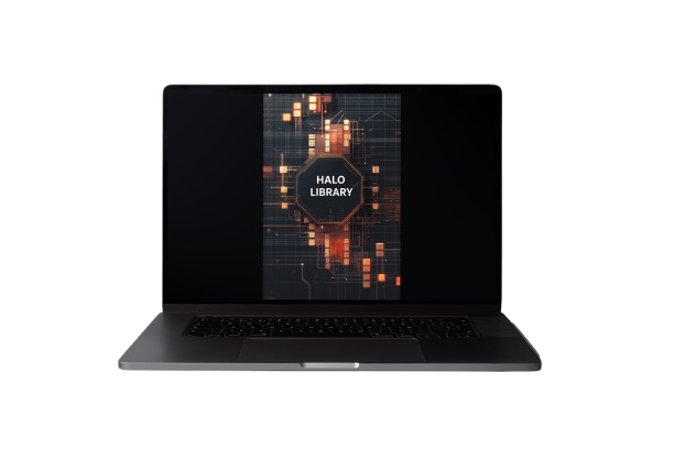 A dark gray open laptop on a plain white background, with the screen displaying a 'HALO LIBRARY' graphic.