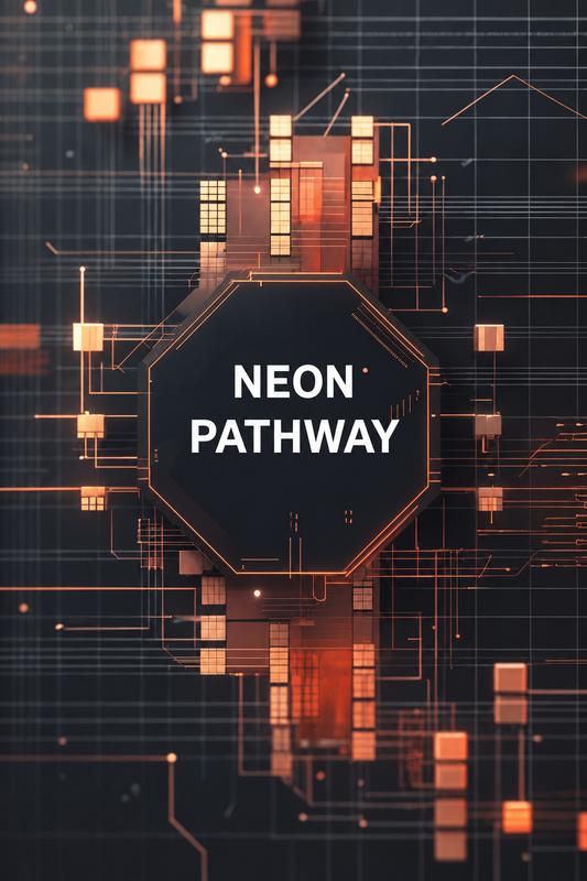 A digital graphic with the words 'NEON PATHWAY' centered inside a dark hexagonal badge, surrounded by glowing orange circuit-like lines and blocks on a dark background.