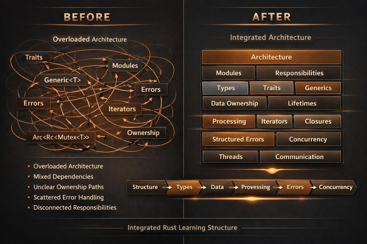 A dark promotional graphic comparing a before-and-after software architecture approach. The left side, labeled BEFORE, shows a complex web of arrows and terms like Traits, Modules, Errors, and Iterators under the heading 'Overloaded Architecture.