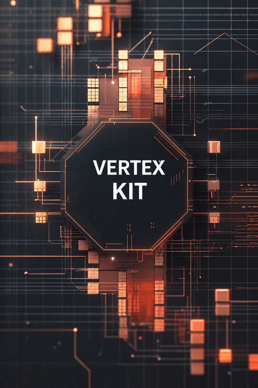 A digital cover graphic for a 'VERTEX KIT' featuring a dark central hexagonal badge with white text, surrounded by glowing orange circuit board lines and geometric tech elements on a dark background.