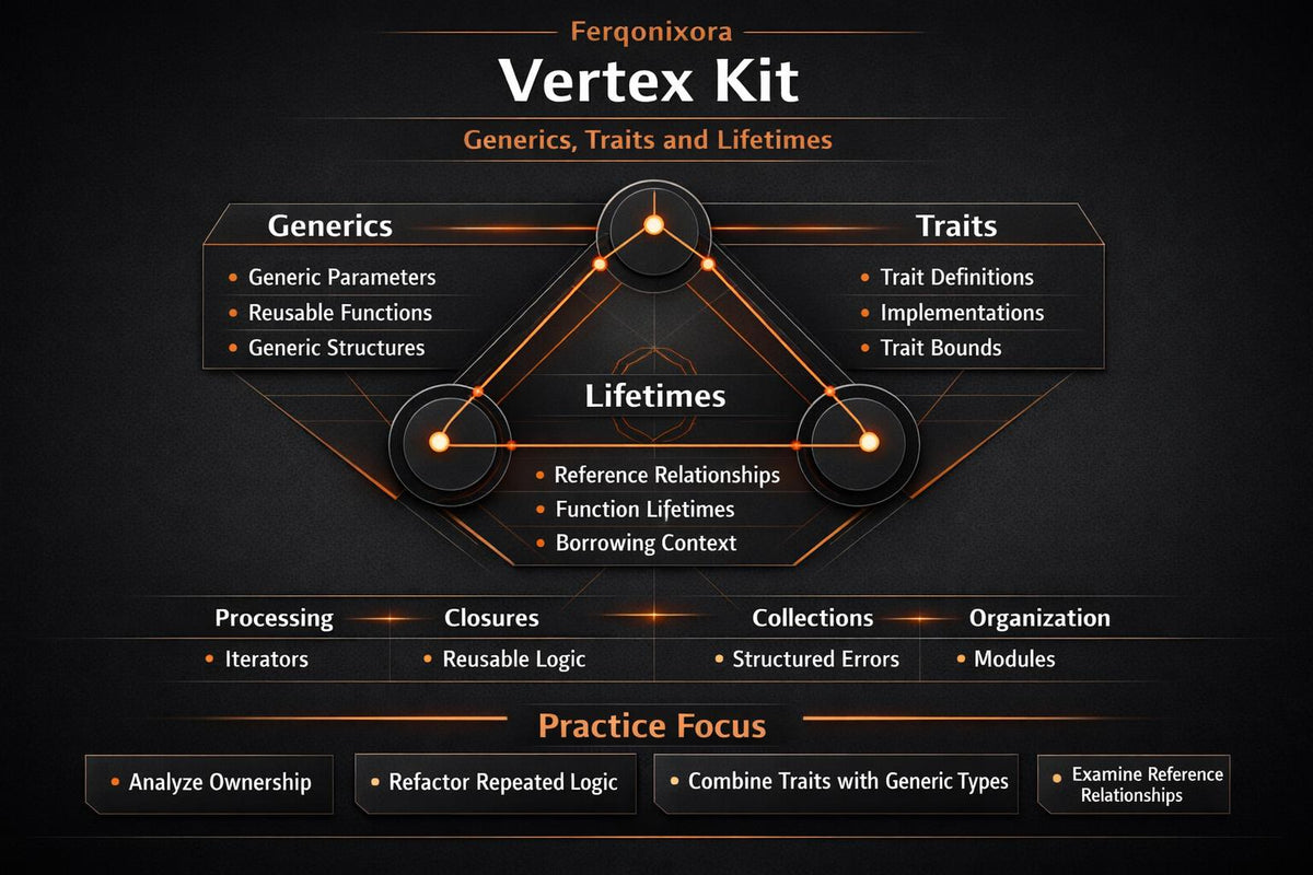 A dark-themed infographic titled 'Fergonixora Vertex Kit' with sections for Generics, Traits, Lifetimes, Processing, Closures, Collections, Organization, and Practice Focus, presented on a black background with orange and white text and line graphics.