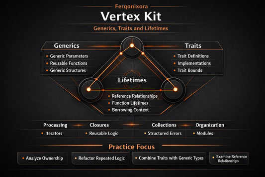 A dark-themed infographic titled 'Fergonixora Vertex Kit' with sections for Generics, Traits, Lifetimes, Processing, Closures, Collections, Organization, and Practice Focus, presented on a black background with orange and white text and line graphics.