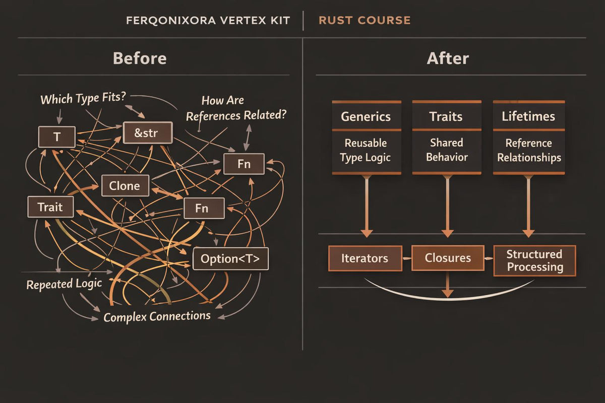 A dark-themed educational graphic titled 'FERQONIXORA VERTEX KIT | RUST COURSE' comparing a complex 'Before' diagram with a simplified 'After' diagram. The left 'Before' section shows tangled orange and white lines connecting boxes like 'T', 'Fn', 'Option<T>', and 'Clone'.